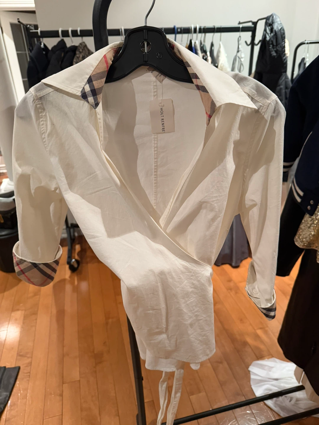 White Wrap Blouse with Burberry Check Trim