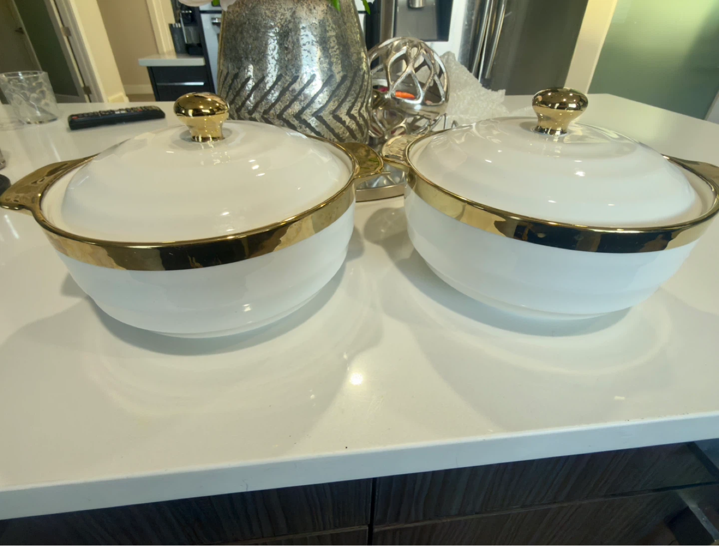 Set of 2 White Serving Bowls with Gold Trim