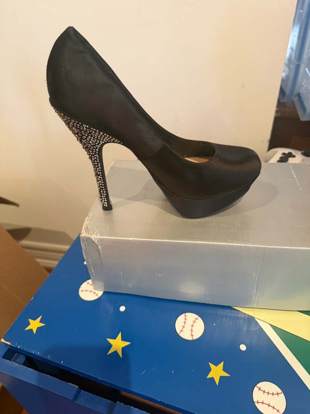 Black Satin Stiletto Heels with Rhinestone Embellished Heel