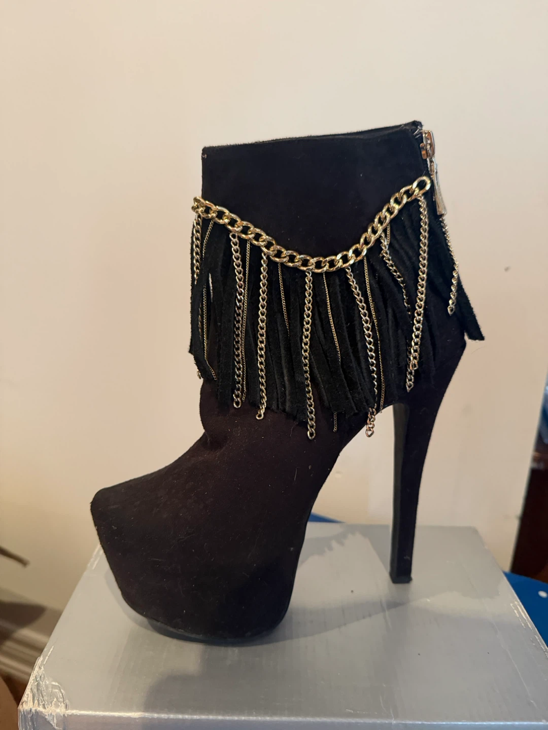 Black Suede Ankle Boots with Gold Chain Fringe