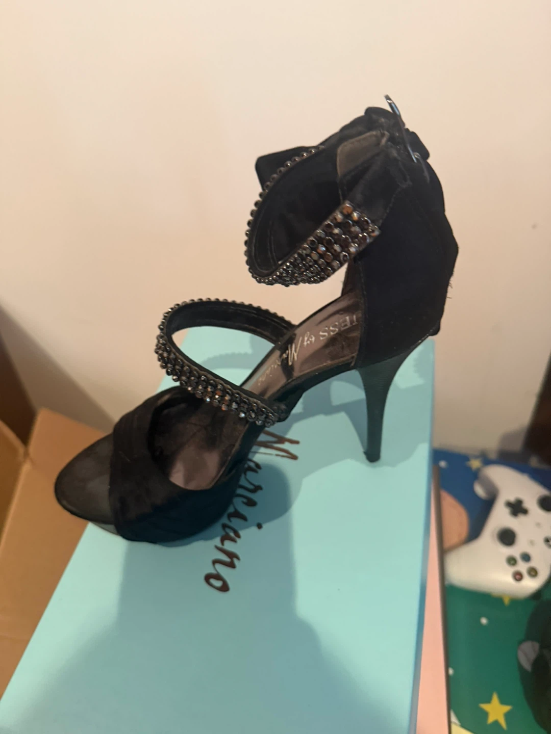 Guess by Marciano Black Suede Heels with Rhinestones