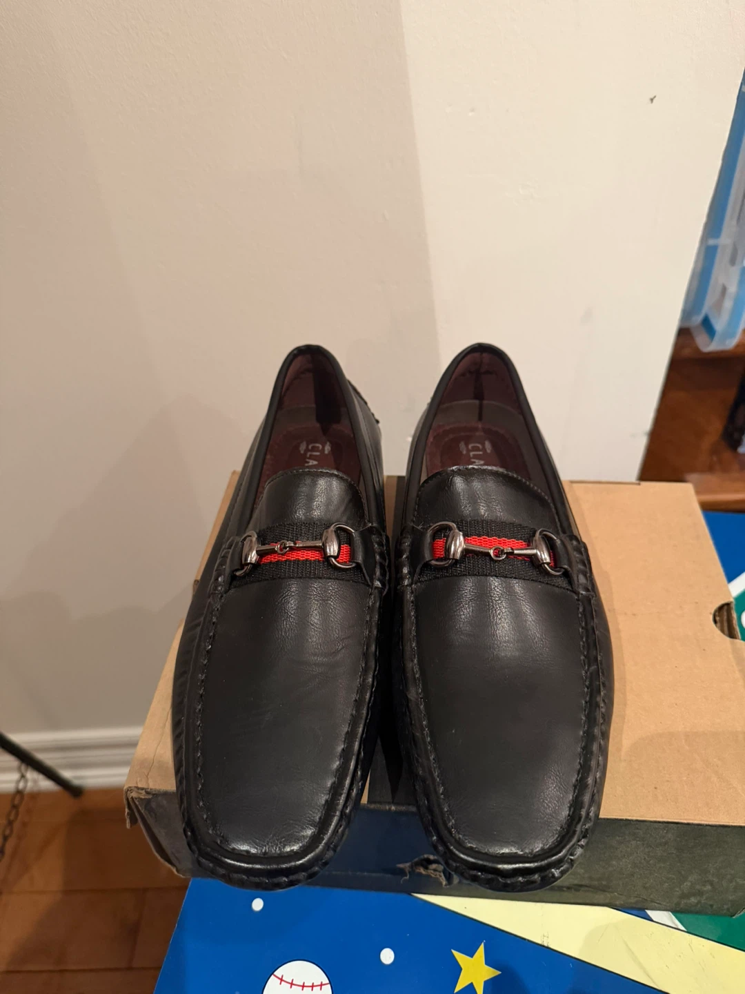 Black Leather Loafers with Red Accent