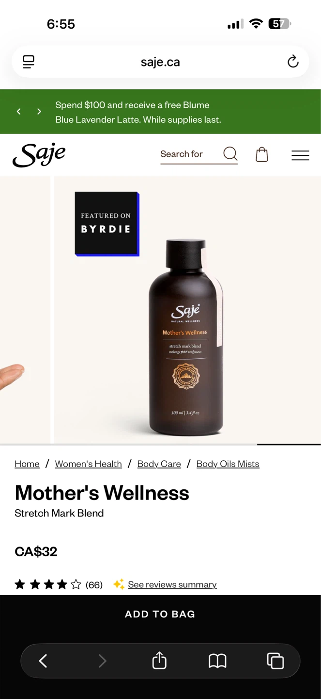 Never Used- Saje Mother's Wellness Stretch Mark Blend
