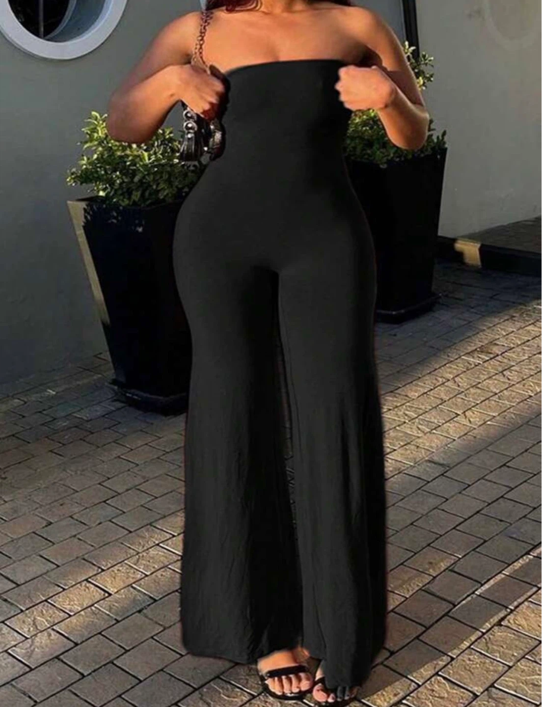 Black Strapless Wide-Leg Jumpsuit