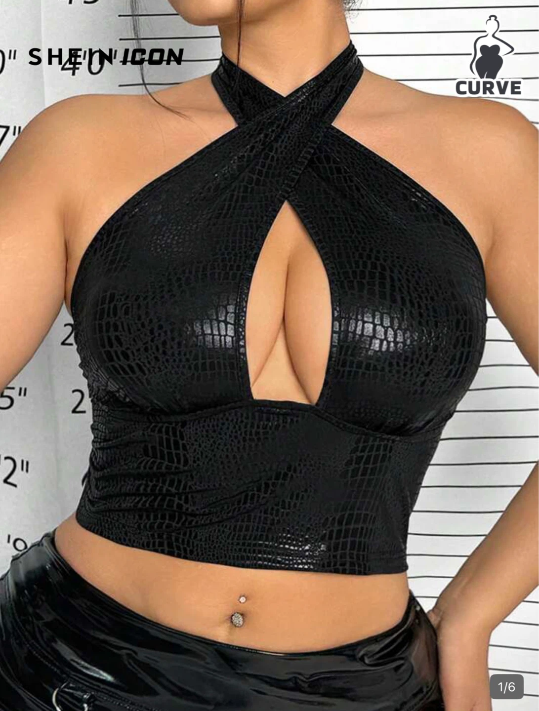 Black Croc Embossed Halter Neck Crop Top