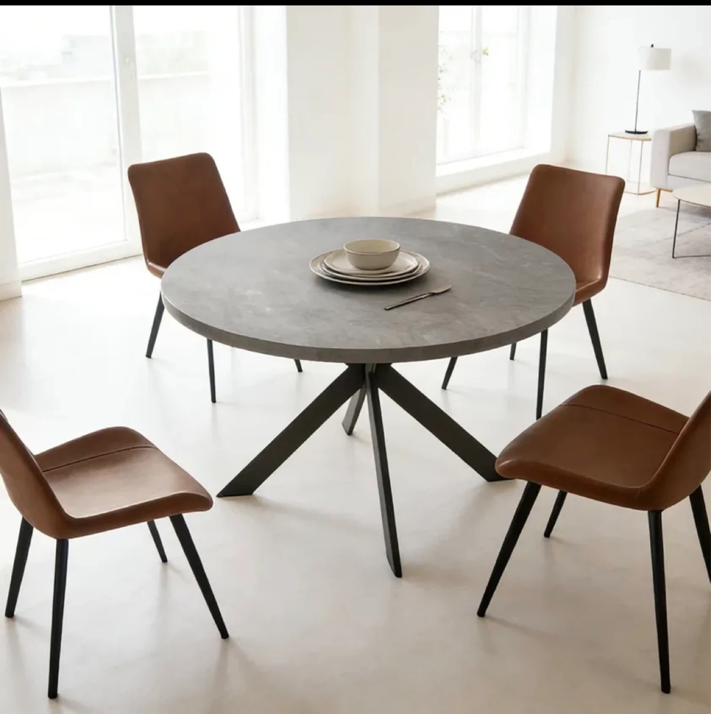 Wayfair Round Dining Table with Faux Marble Top and Brown Chairs