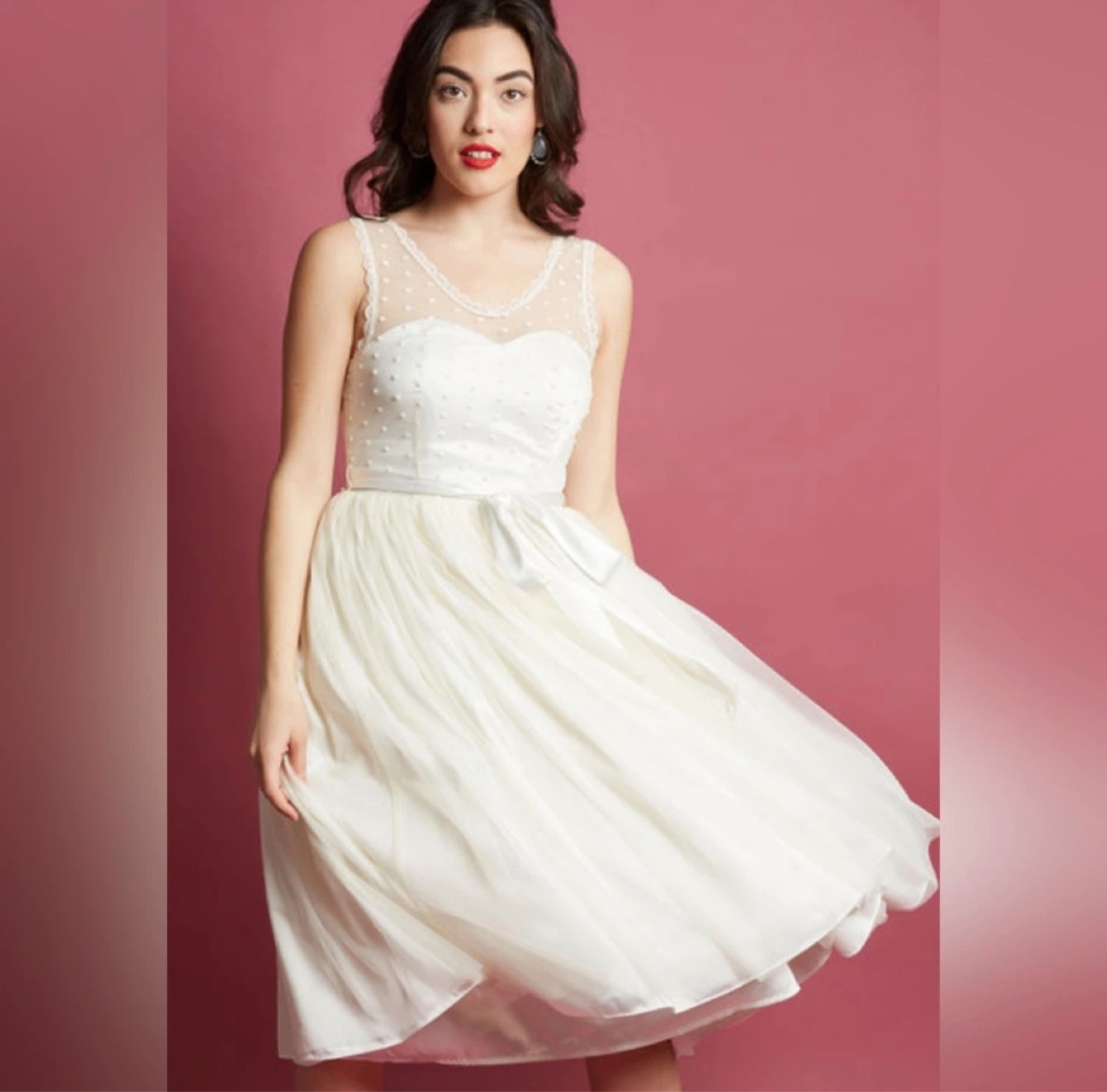White Polka Dot Tulle Midi Dress mod cloth  1X wedding XXL pinup