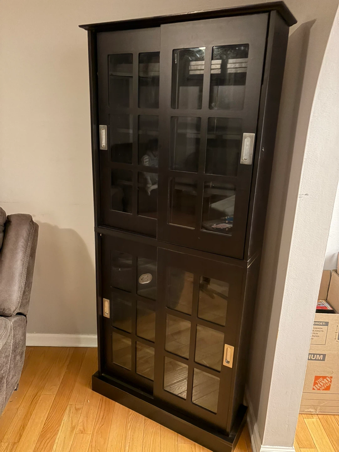 Dark Brown Wood Curio Cabinet with Sliding Glass Doors - photo 2