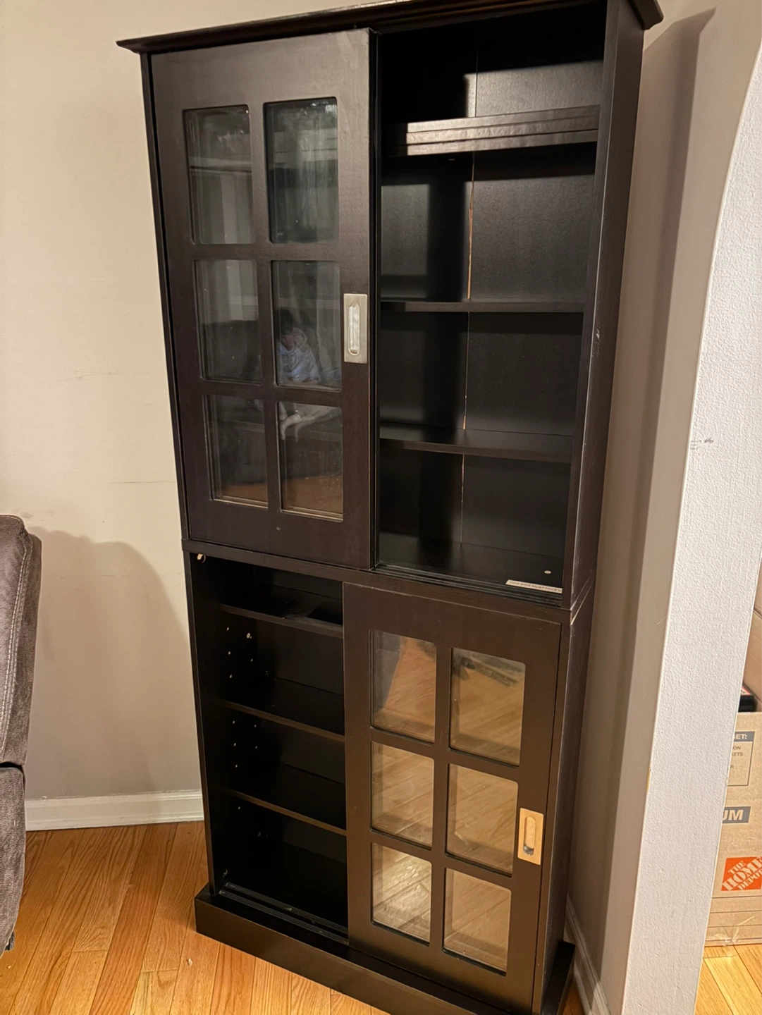 Dark Brown Wood Curio Cabinet with Sliding Glass Doors