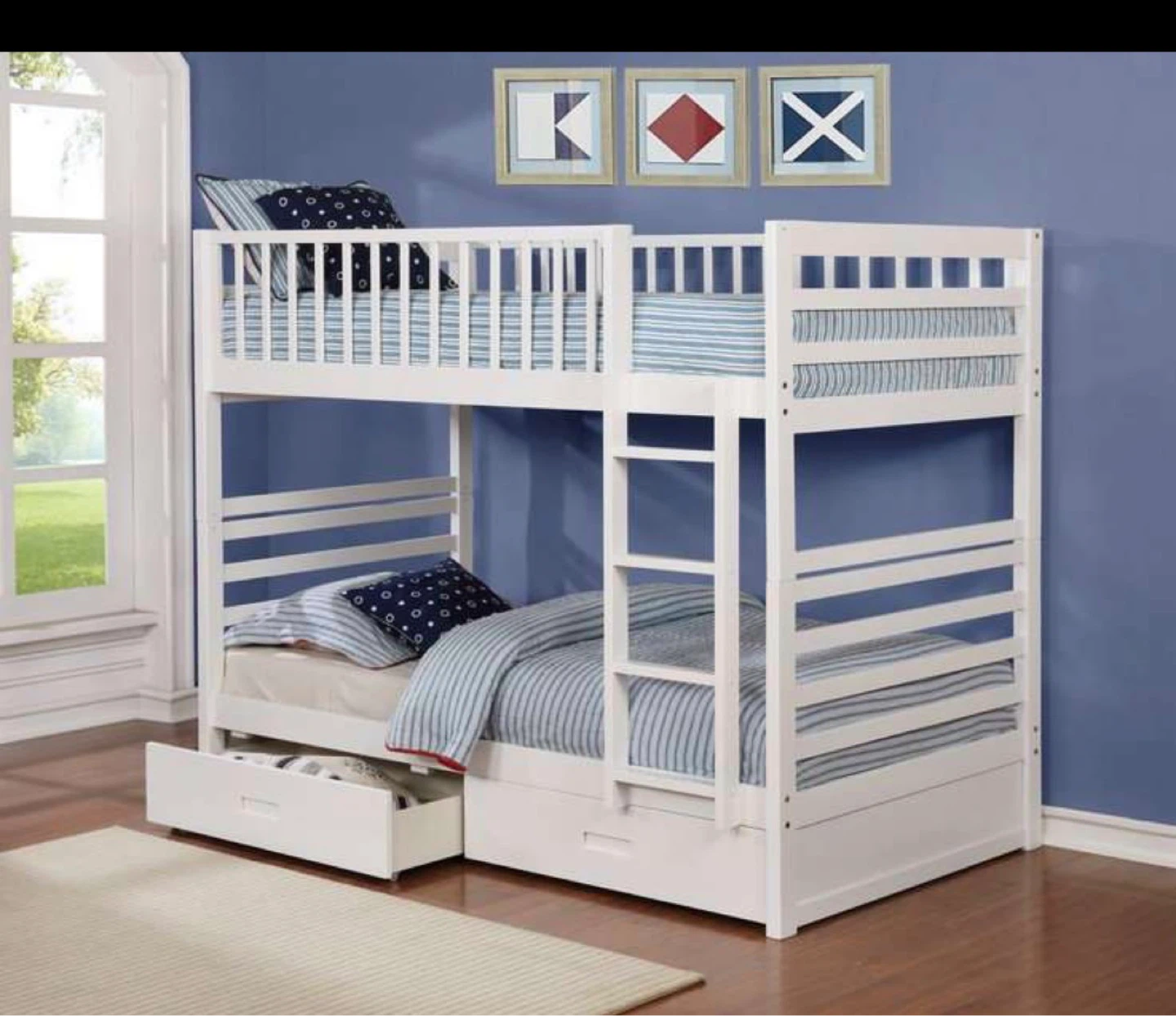 White Twin over Twin Bunk Bed with Drawer