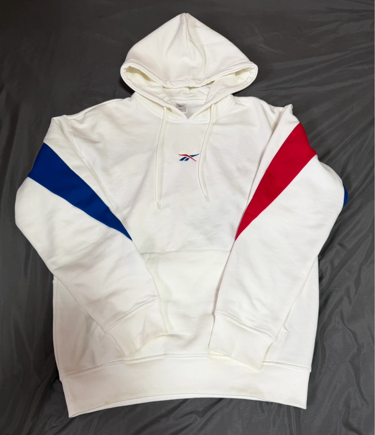 Reebok White Hoodie with Red and Blue Accents