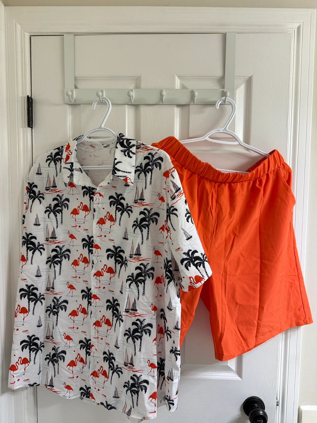 Hawaiian Flamingo Shirt and Orange Shorts Set