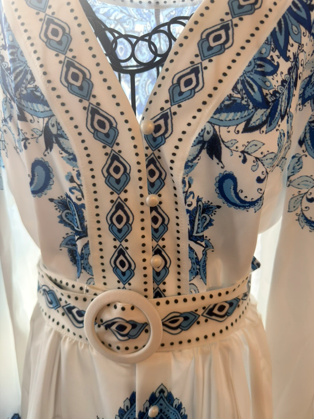 White and Blue Patterned Dress with Belt - photo 2