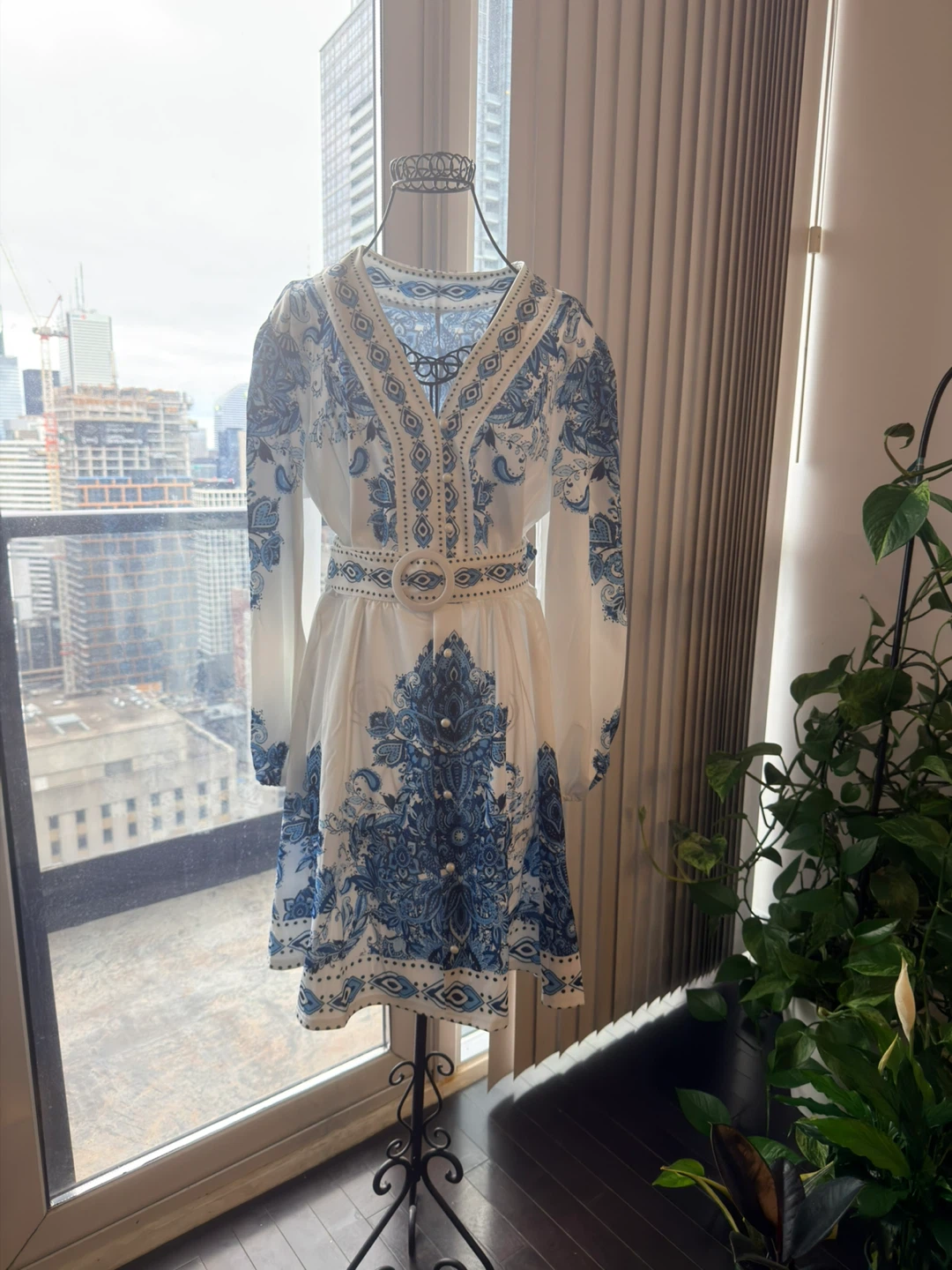 White and Blue Patterned Dress with Belt