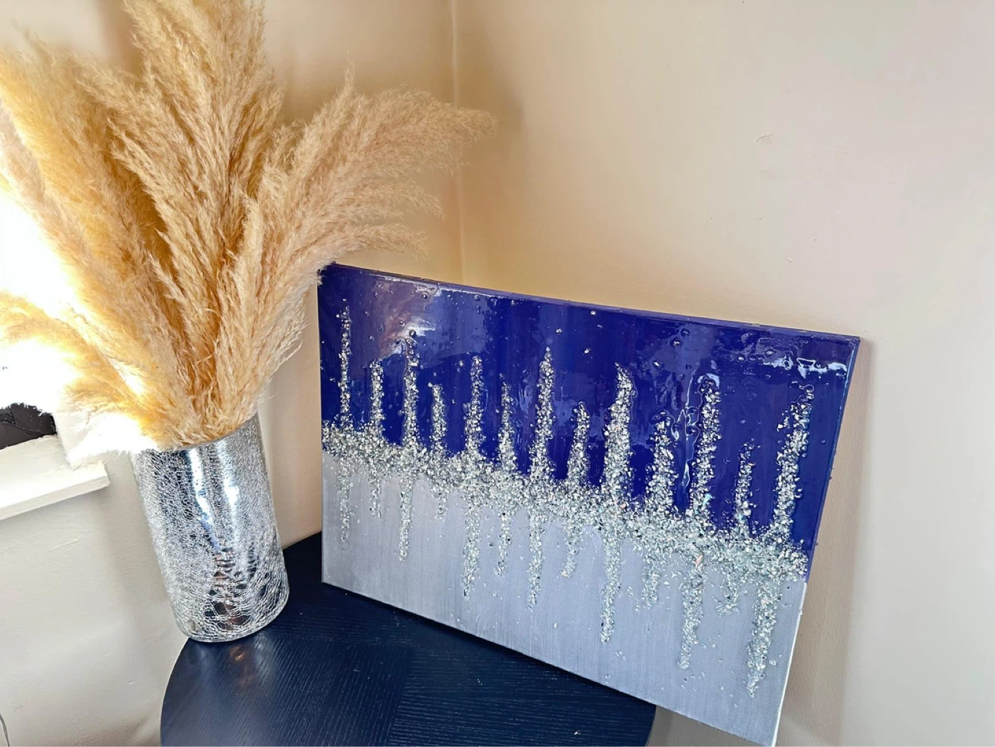 Blue and Silver Resin Art Painting with Crushed Glass - photo 2