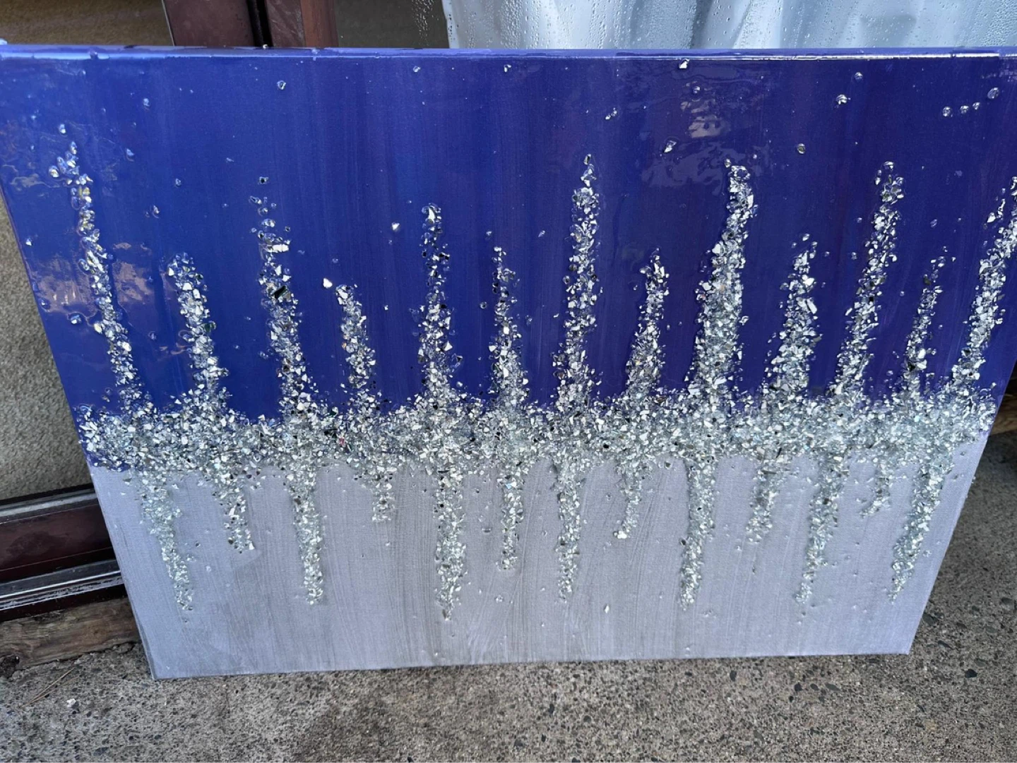 Blue and Silver Resin Art Painting with Crushed Glass