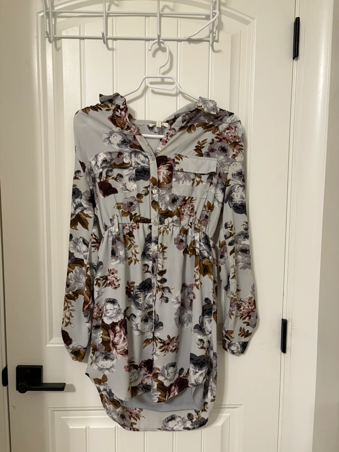 Light Blue Floral Long Sleeve Shirt Dress