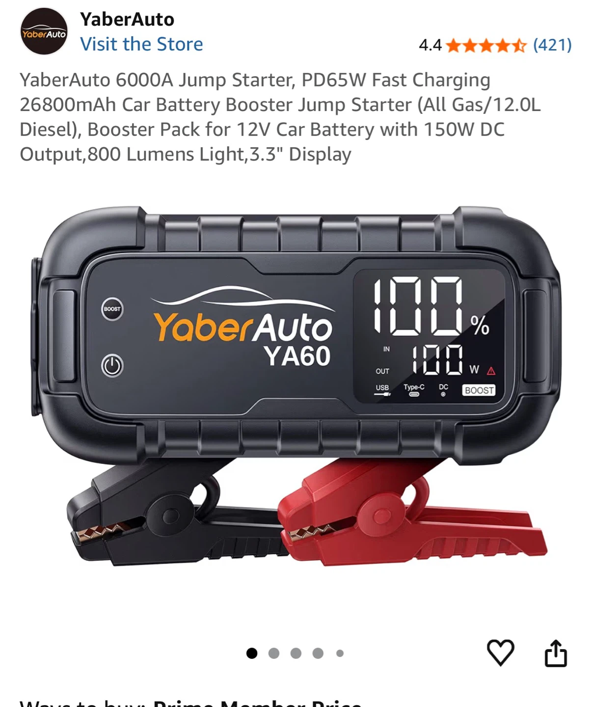 YaberAuto 6000A Jump Starter PD65W 26800mAh Car Battery Booster