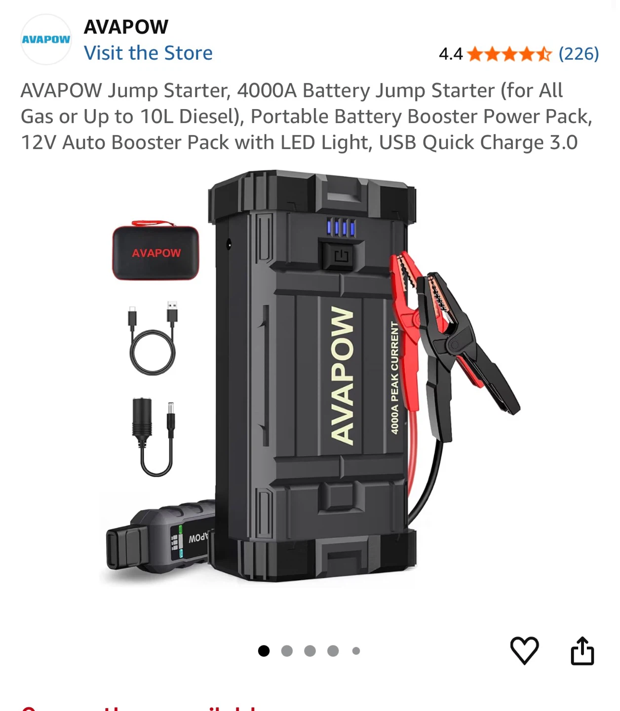 AVAPOW 4000A Jump Starter Power Pack with LED Light