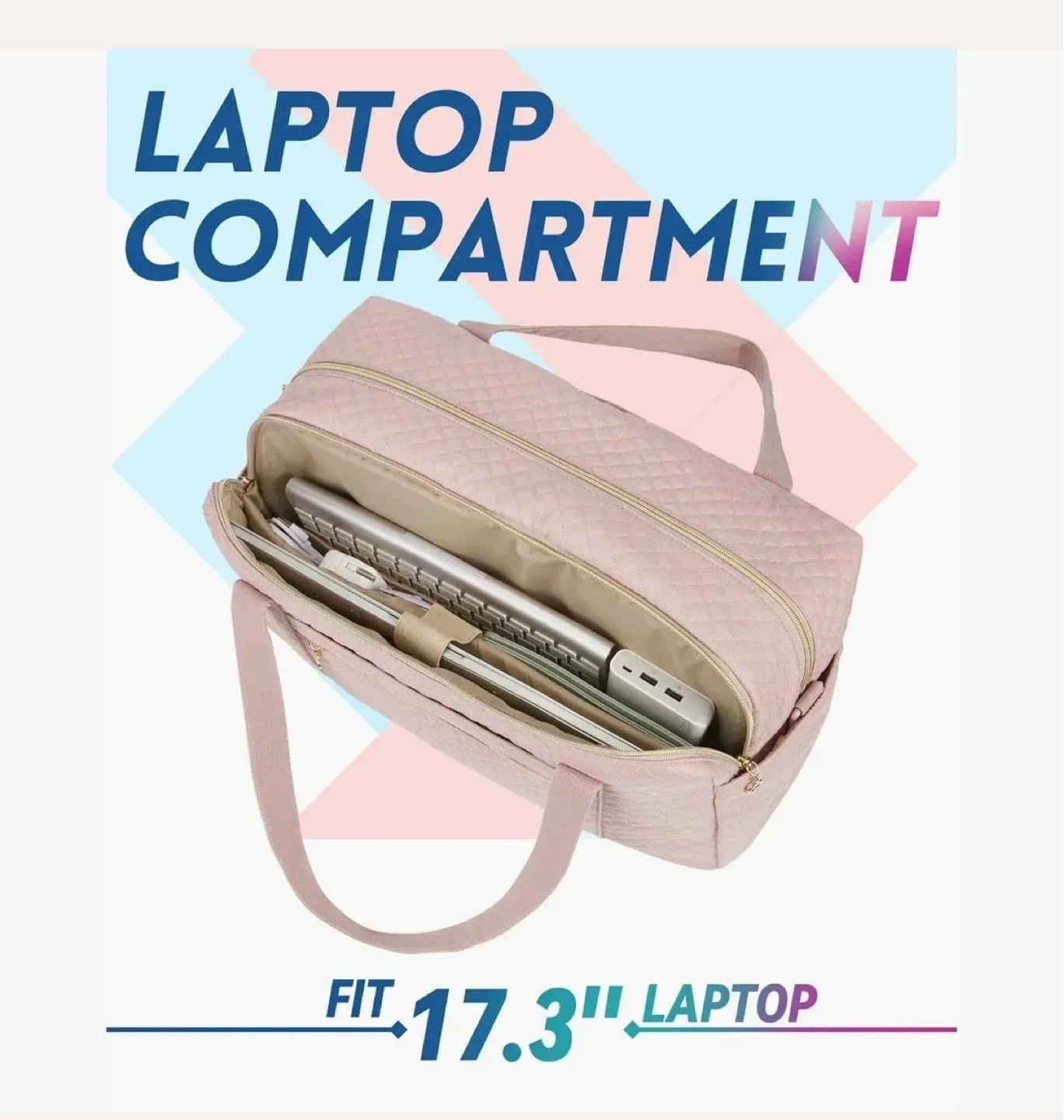 Pink Quilted Weekender Bag with Laptop Compartment - photo 3