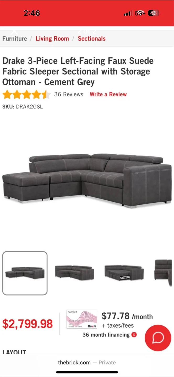 3-Piece Sofa Bed Sectional with Storage Ottoman - Cement Grey
