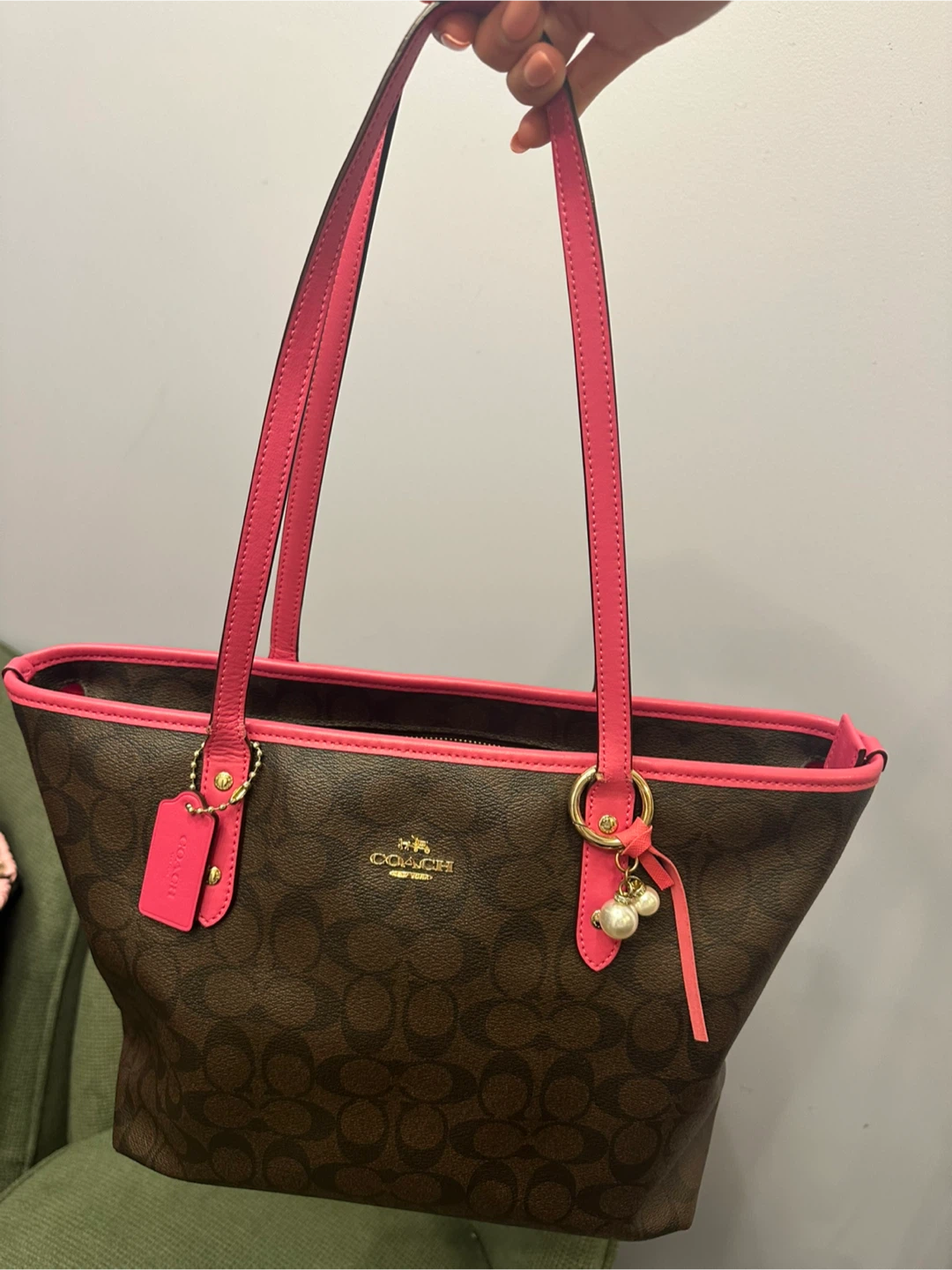 Coach Tote Bag - Brown Signature with Pink Trim