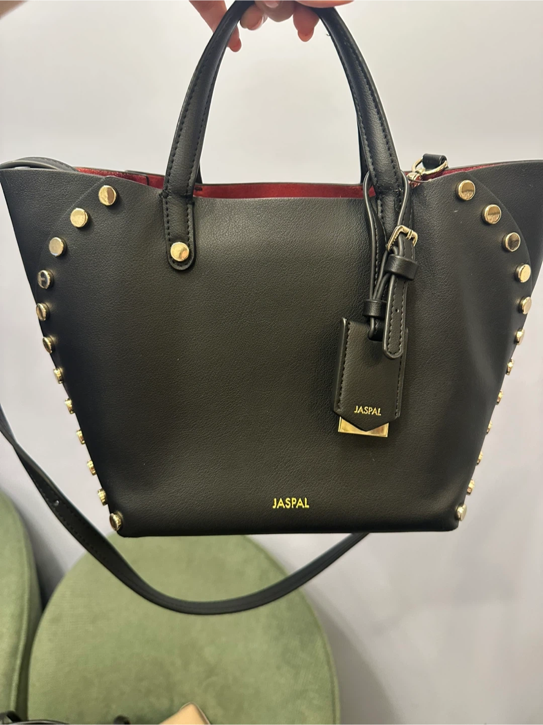 JASPAL Black Studded Tote Bag with Red Interior