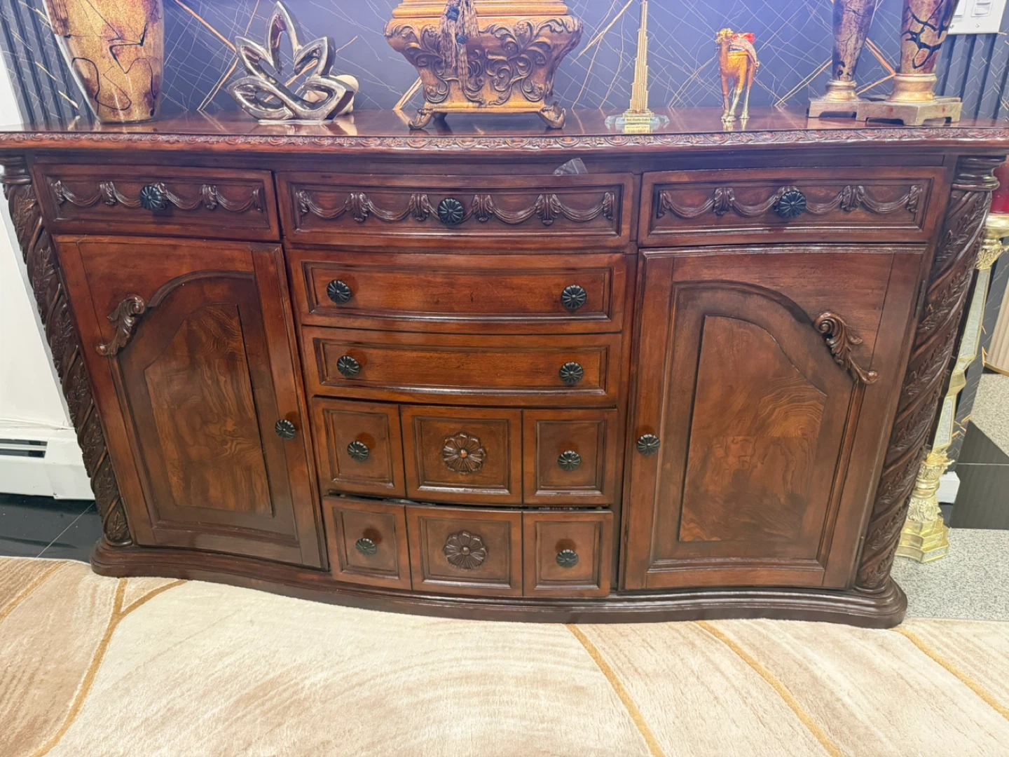 Vintage Wooden Sideboard Cabinet with Drawers and Doors