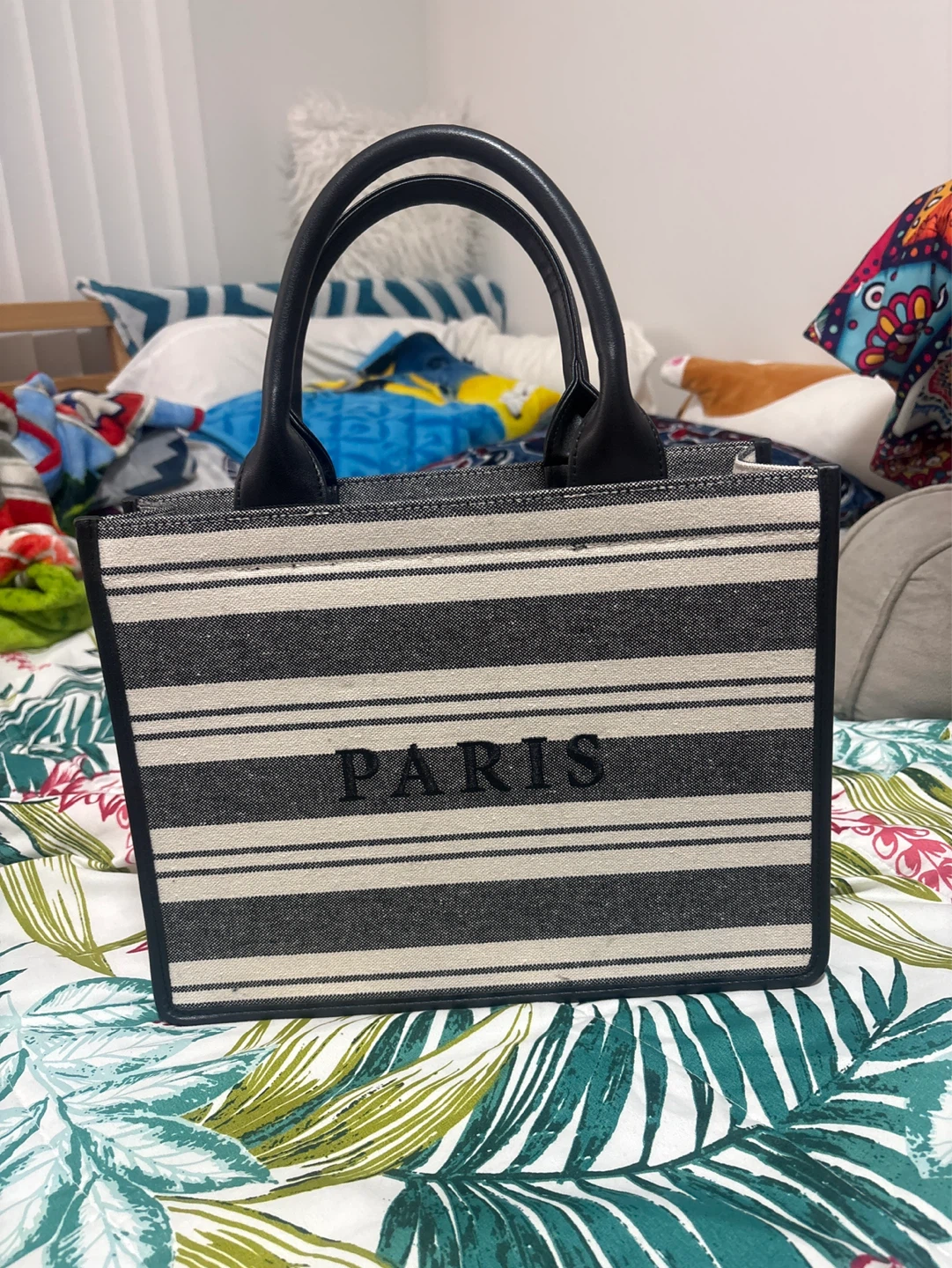 Striped Tote Bag with "PARIS" Embroidery