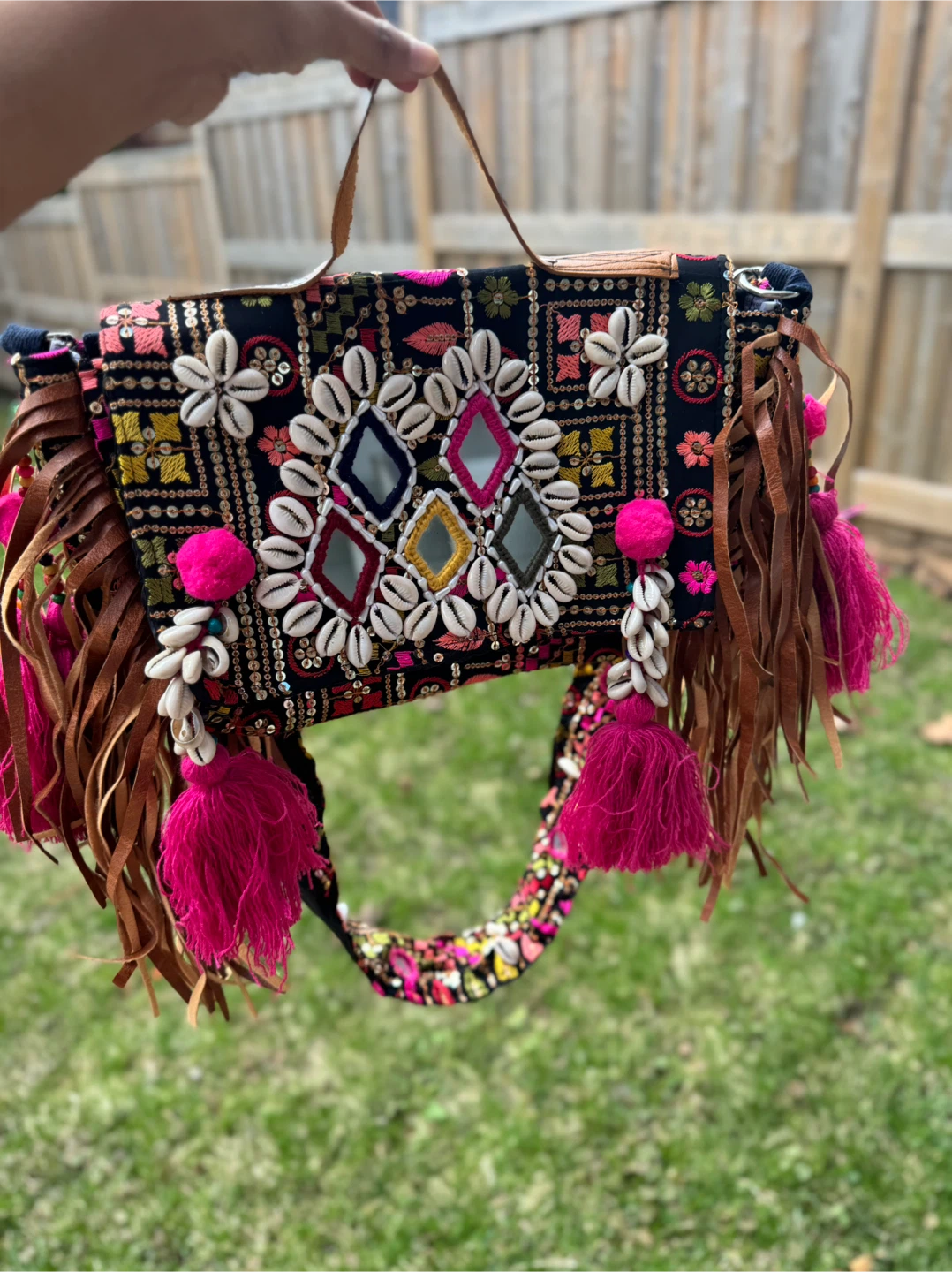 Boho Embroidered Clutch/Crossbody Bag with Tassels & Shells