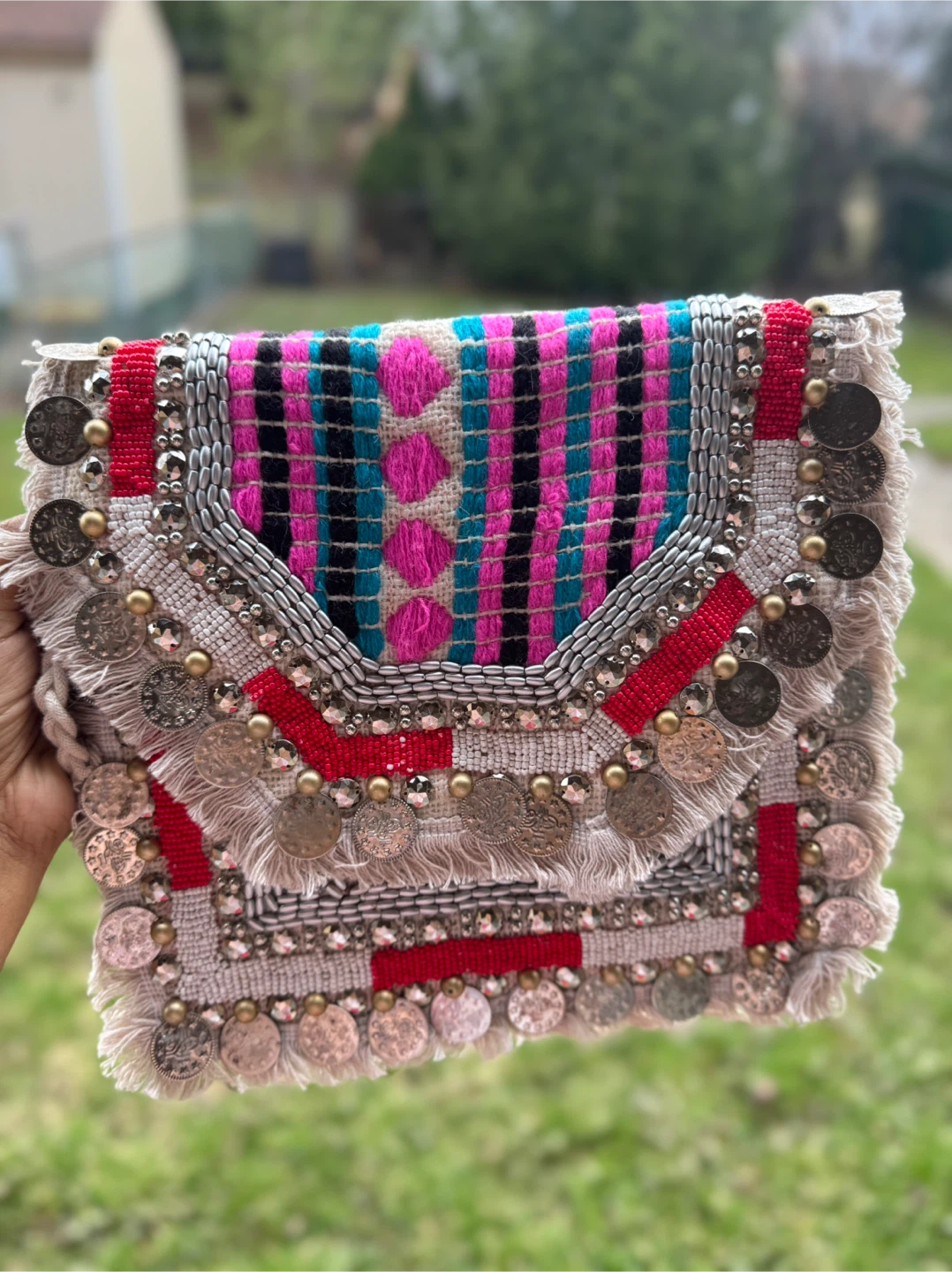 Boho Embroidered Clutch/Crossbody Bag with Tassels & Shells - photo 3