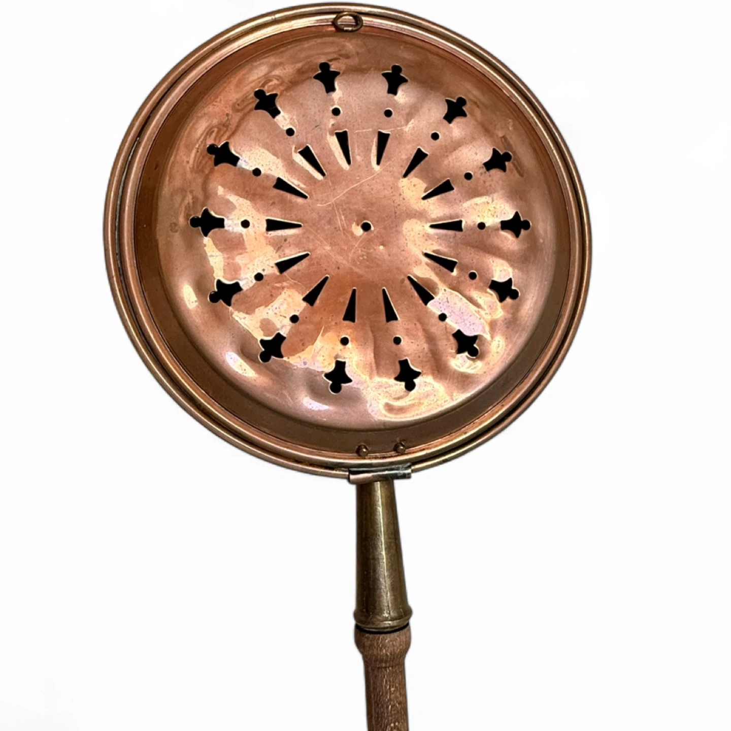 Antique Bed Warmer Copper and Brass Long Turned Wood Handle - photo 3