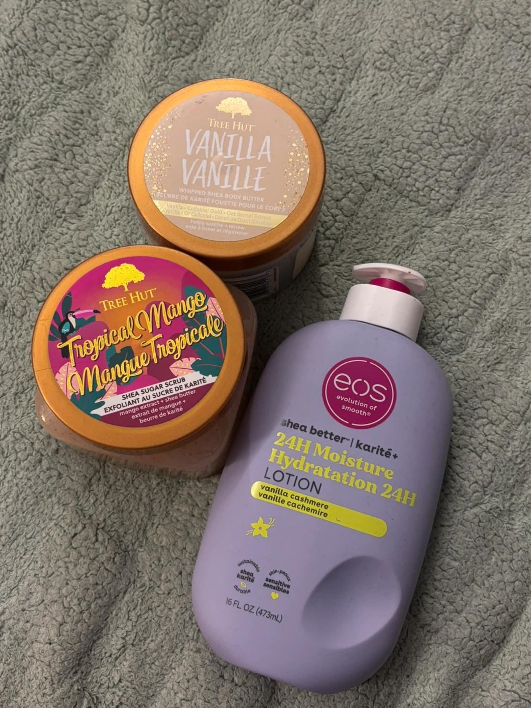 Tree Hut Shea Sugar Scrubs, body butter and Eos Lotion