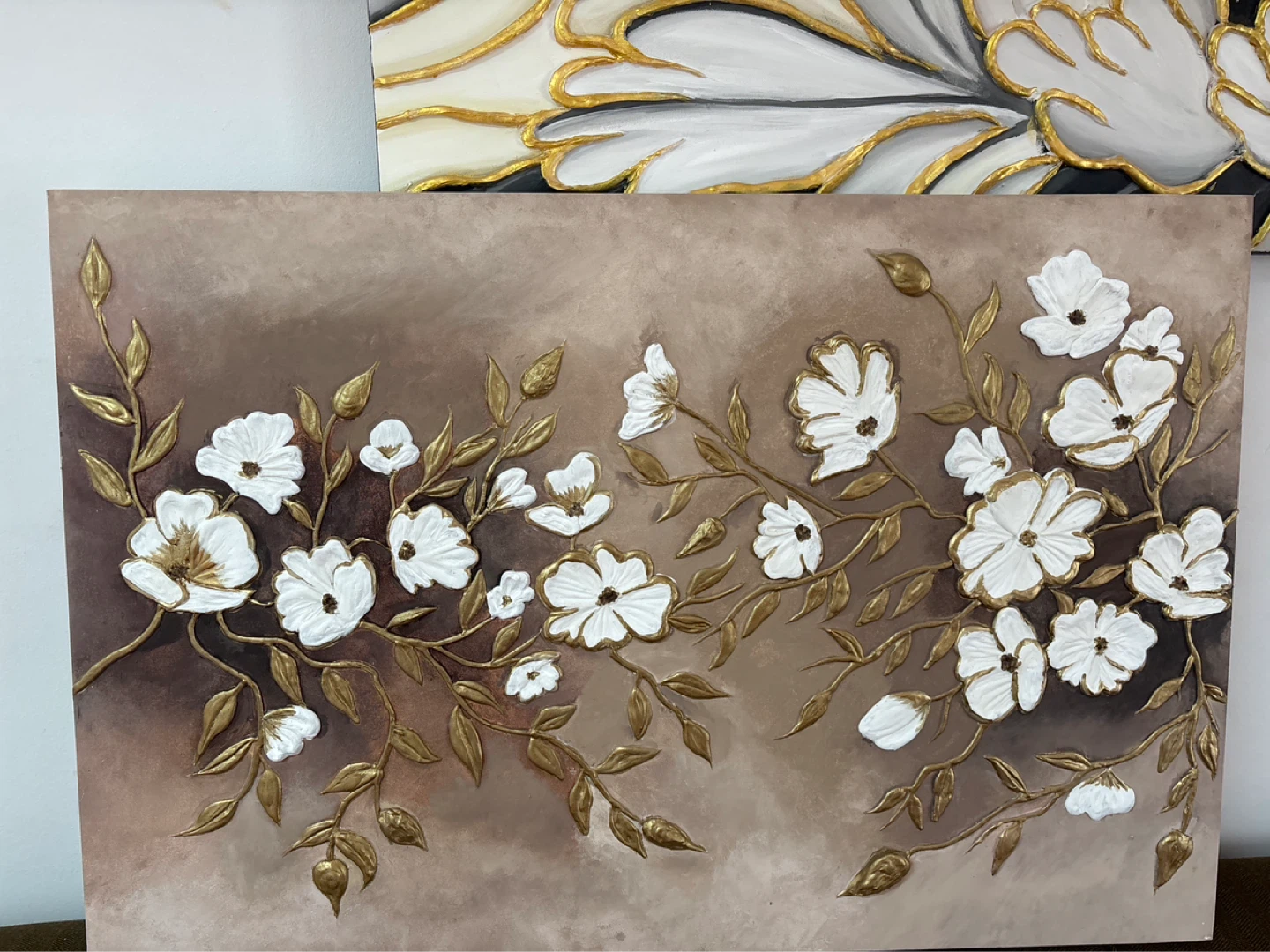 Textured Floral Wall Art - White and Gold - photo 2