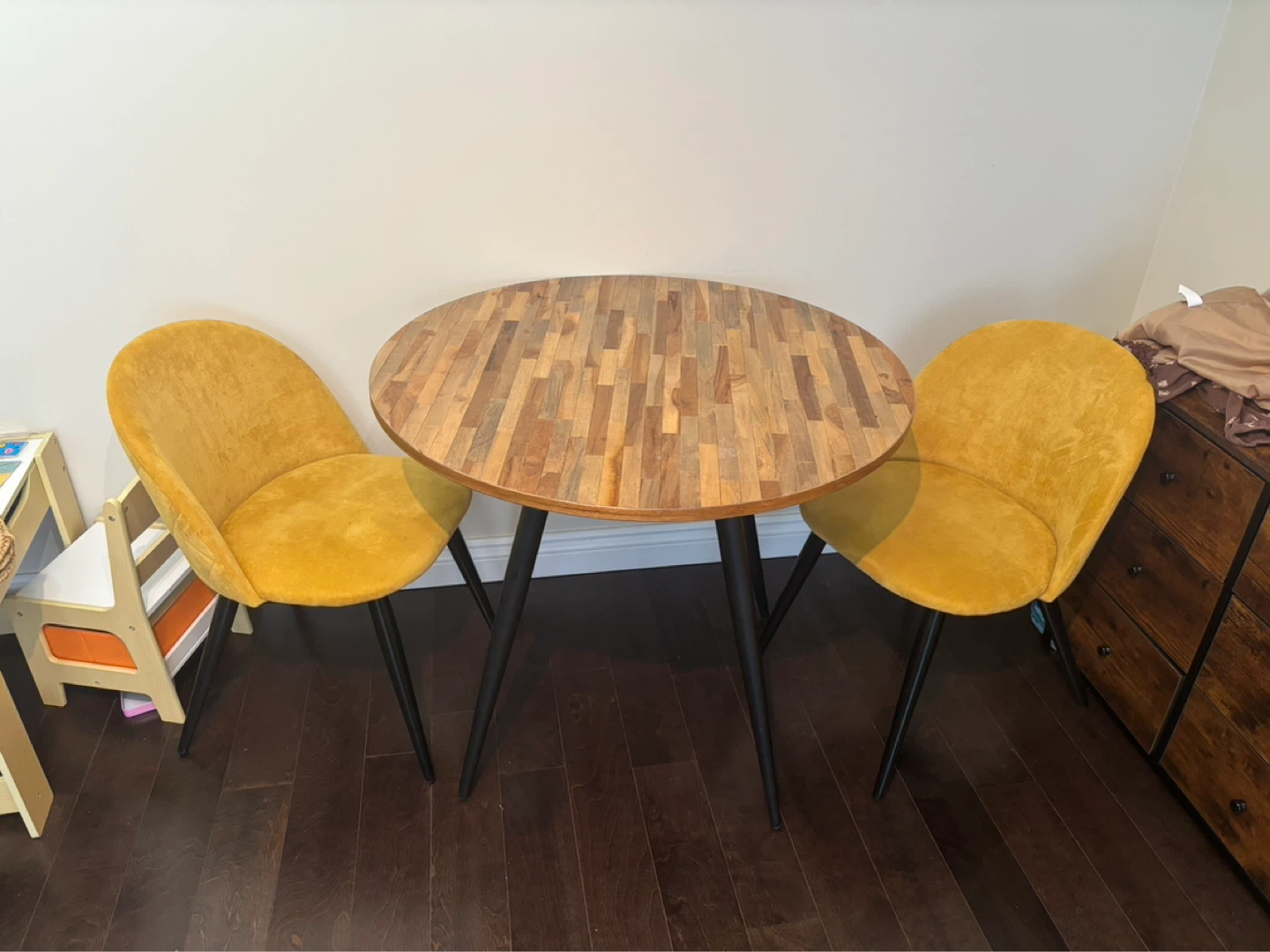 Round Dining Table with 2 Yellow Chairs