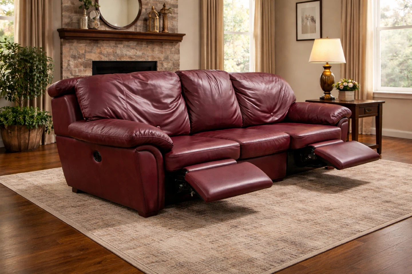 3 Burgundy Leather Reclining Sofas