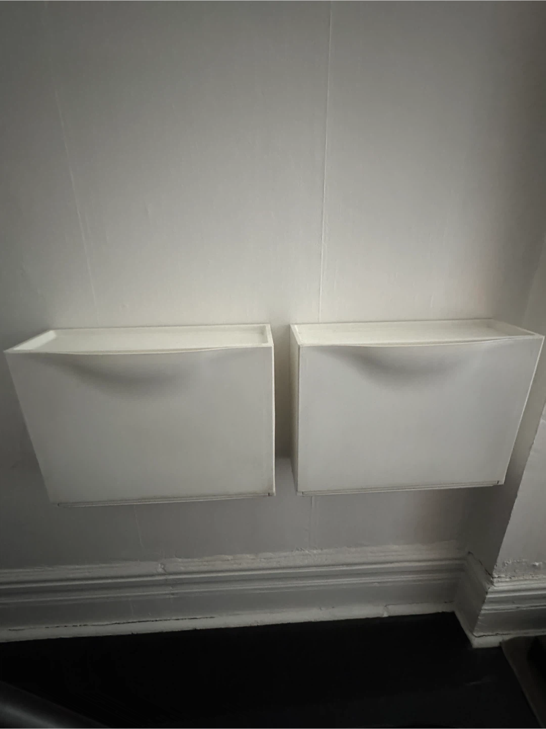 Pair of White Wall-Mounted Plastic Storage Bins