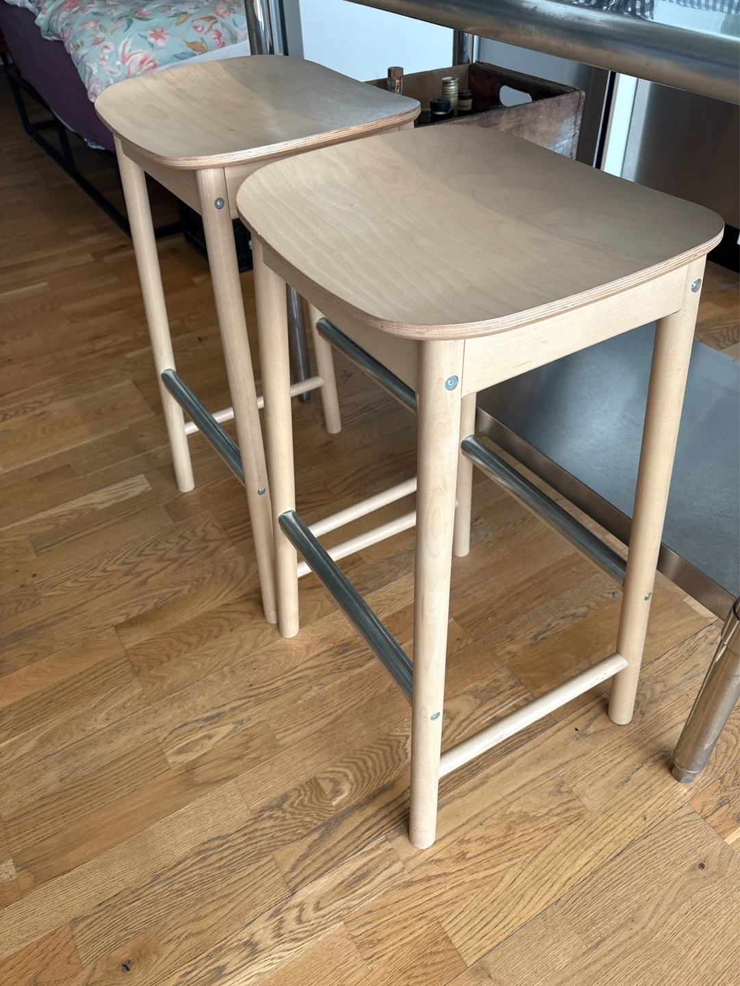 Natural Wood Bar Stools with Metal Footrests