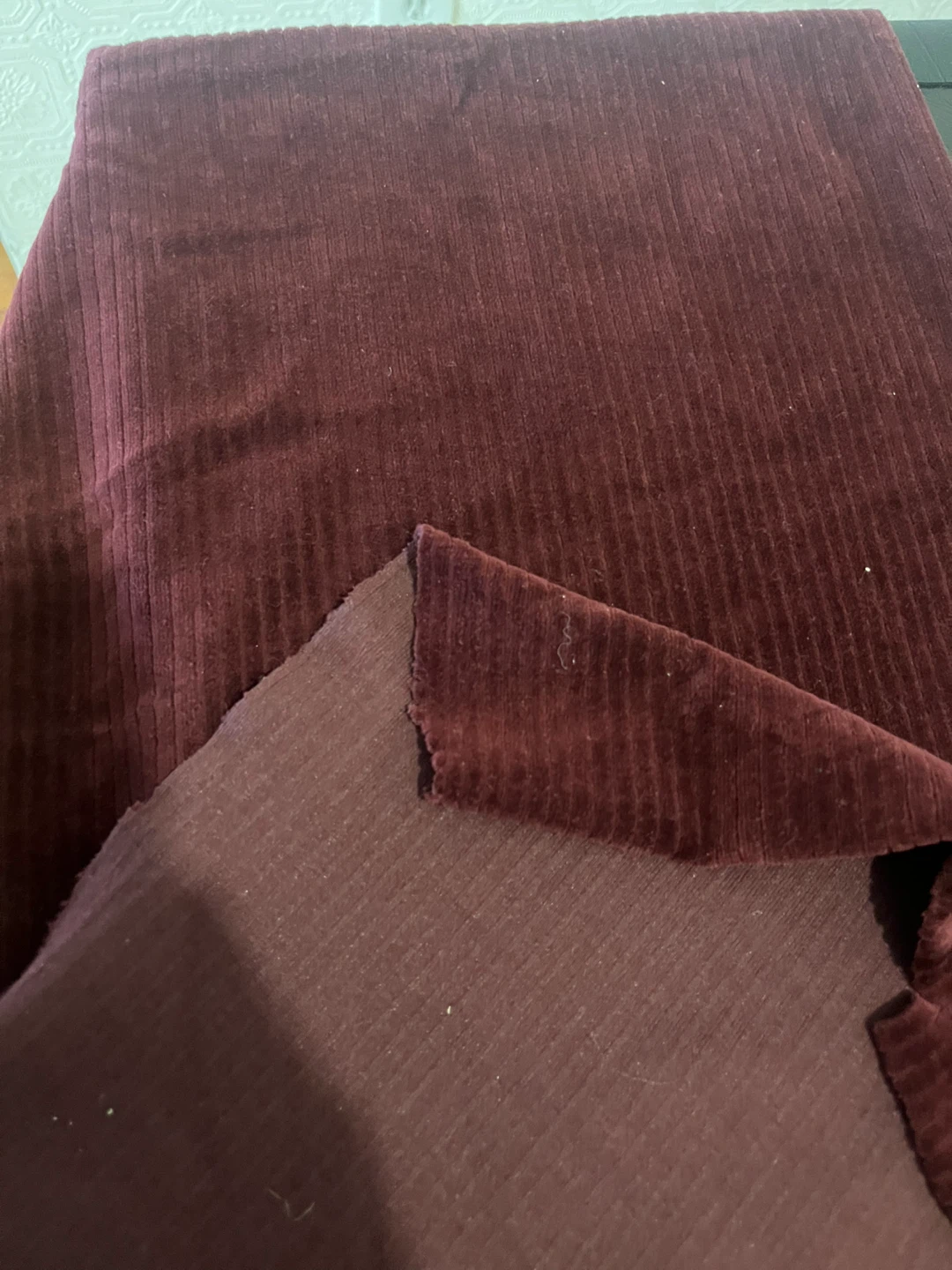 Deep burgundy, velour stretch, ribbed  Fabric
