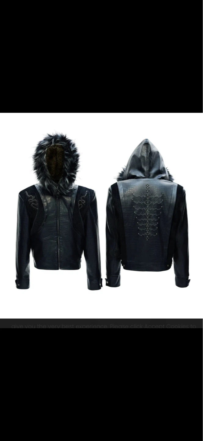 Black Faux Leather Jacket with Fur Hood and Spine Detail