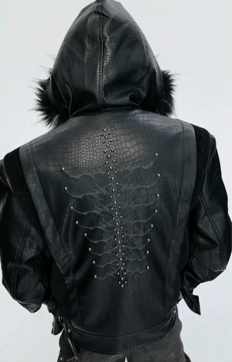 Black Faux Leather Jacket with Fur Hood and Spine Detail - photo 2