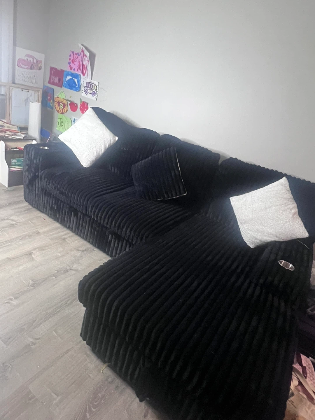 Black Corduroy Sectional Sofa with Ottoman - photo 3