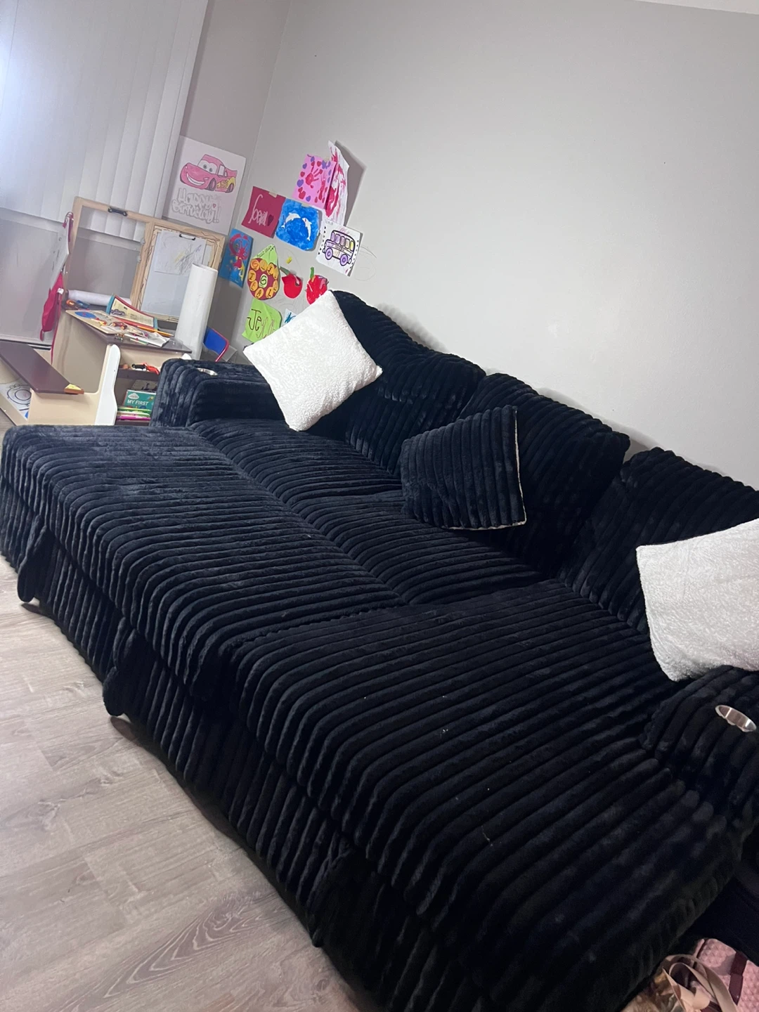 Black Corduroy Sectional Sofa with Ottoman - photo 2