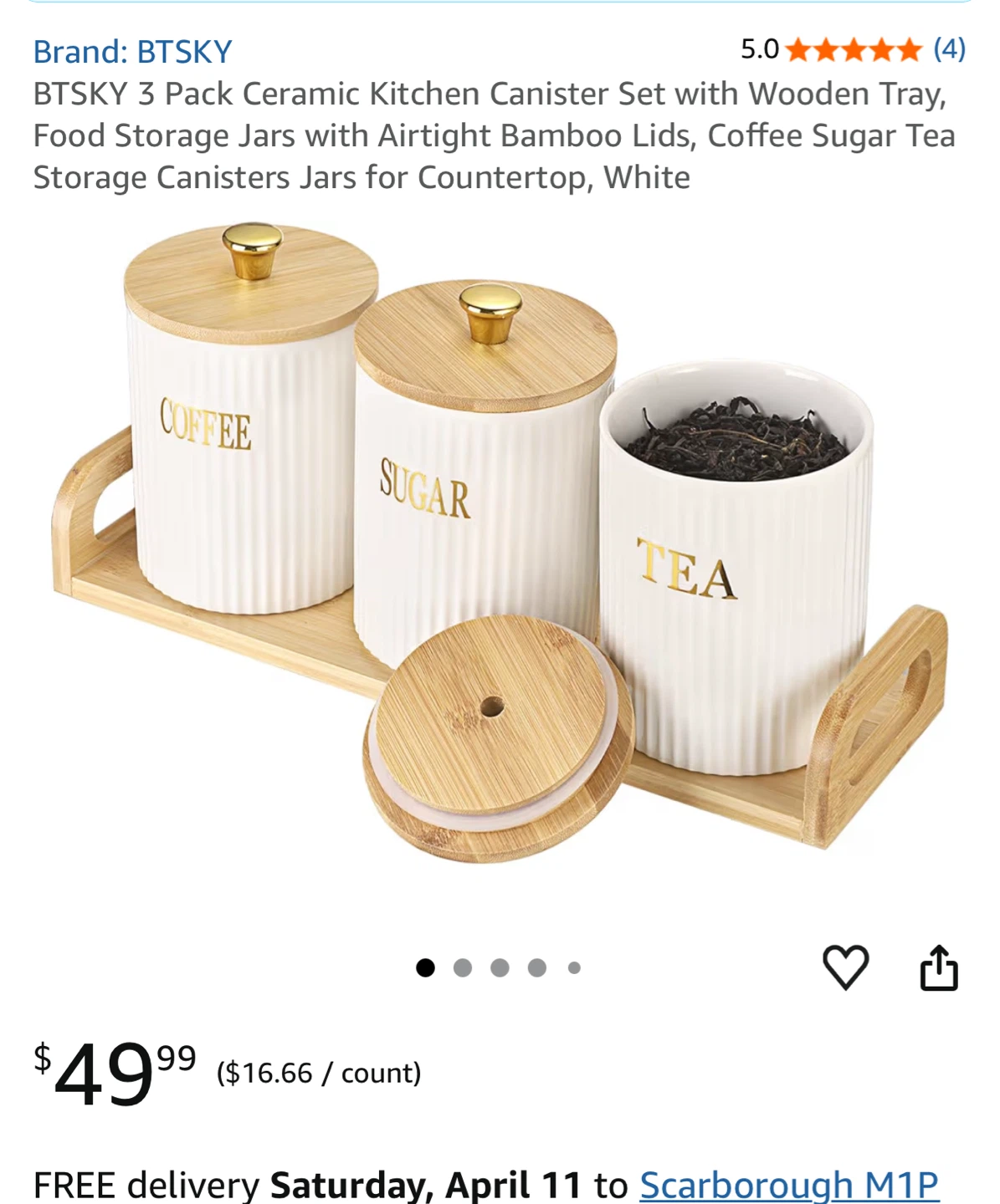 BTSKY 3 Pack Ceramic Canister Set with Wooden Tray