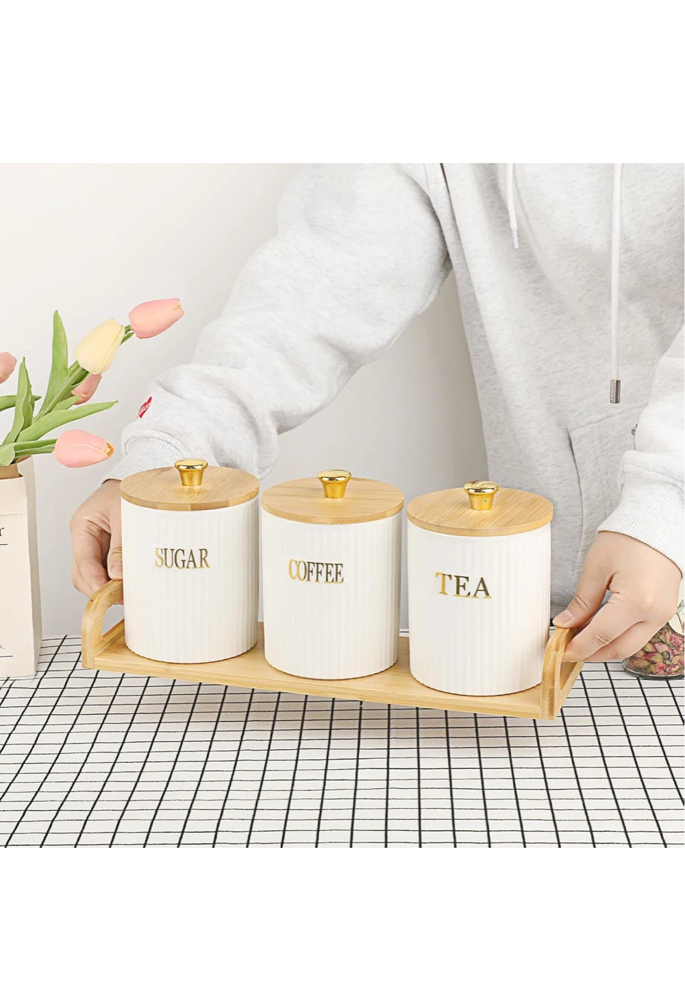 BTSKY 3 Pack Ceramic Canister Set with Wooden Tray - photo 2