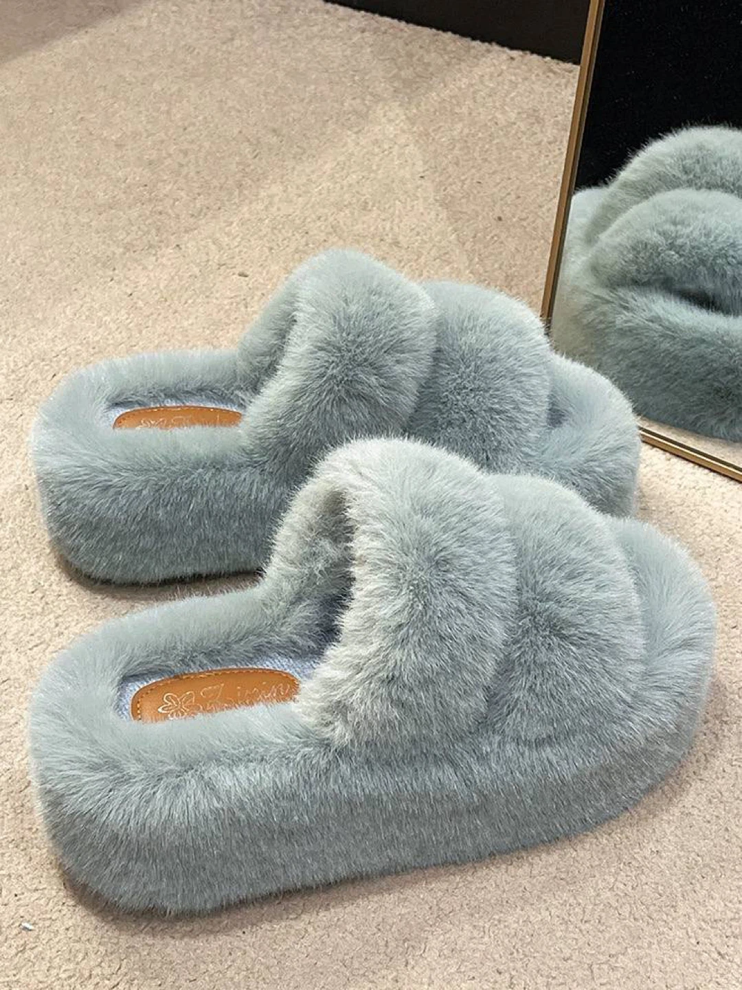 Faux Fur Slides - Beige & Blue & Black - photo 2