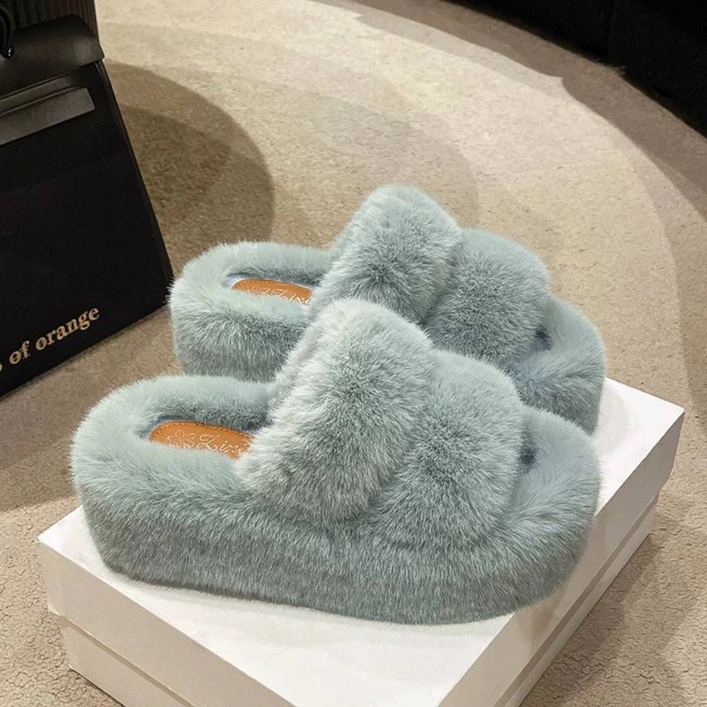 Faux Fur Slides - Beige & Blue & Black