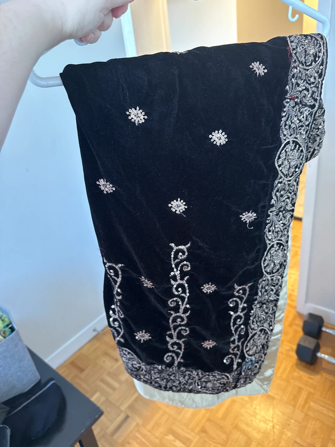 Black Velvet Shawl with Silver Embellishments