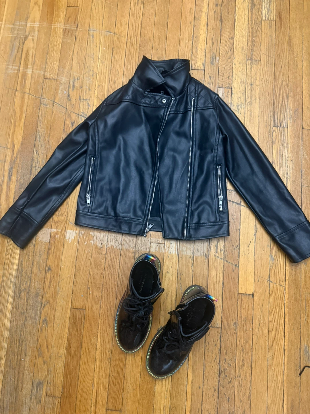 Faux Leather Jacket and Black Patent boots