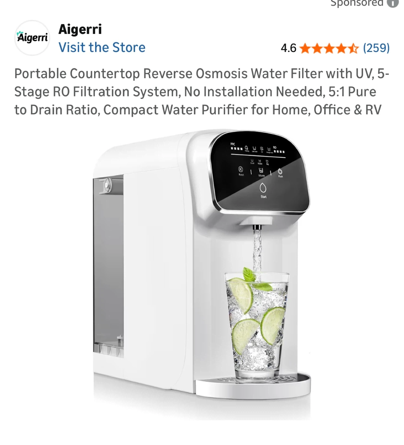 Aigerri Portable Countertop Reverse Osmosis Water Filter